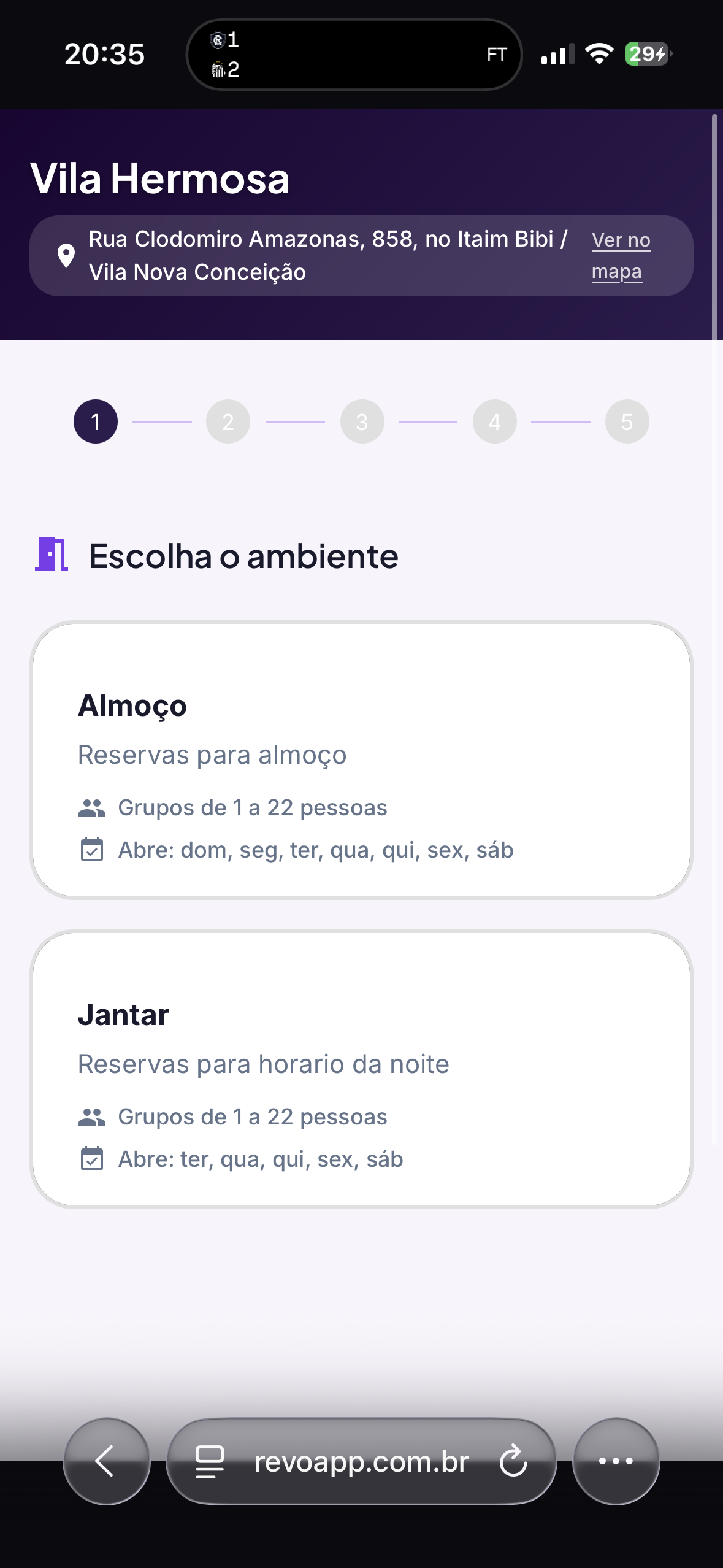 Celular: página pública de reserva, escolha do ambiente