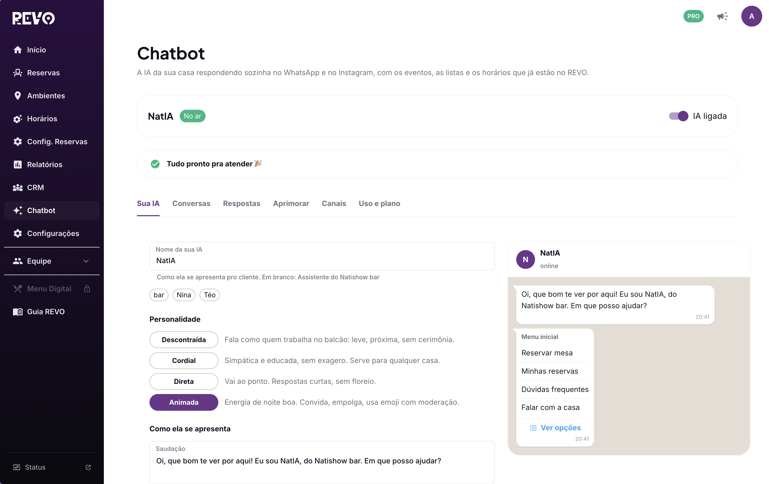 Painel: chatbot, aba Sua IA