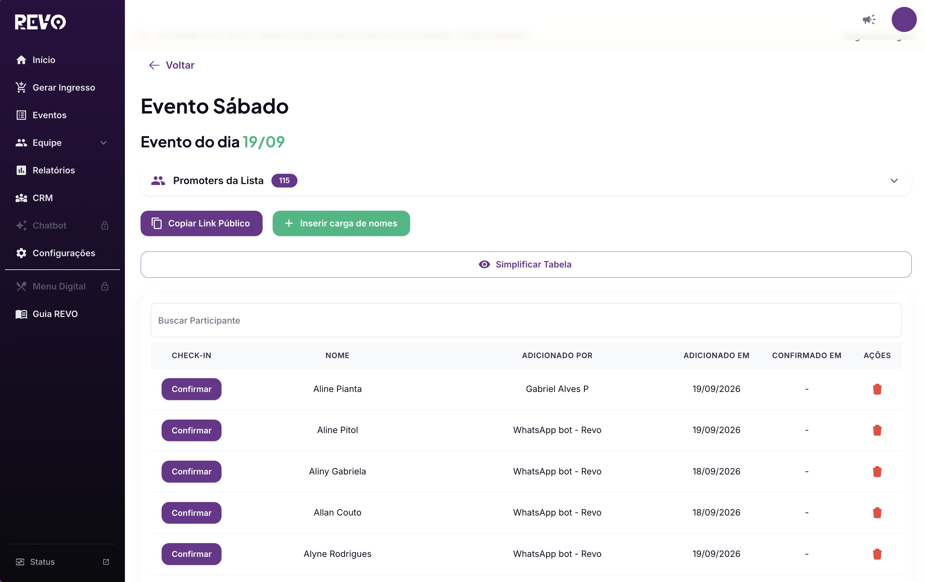 Painel: lista aberta com nomes